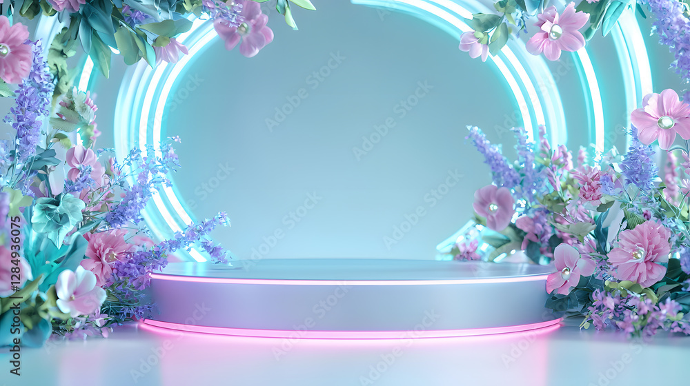 Poster floral display event with neon lights studio setting digital art calm environment straight-on view m