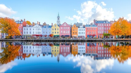 Colorful waterfront town autumn reflection