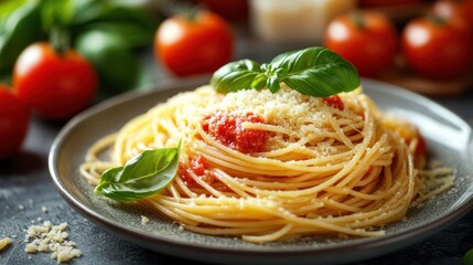 Delicious spaghetti with tomato sauce, parmesan cheese, and basil on a plate, surrounded by ingredients