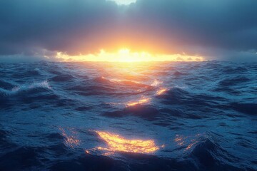 Obraz premium Golden Sunset Over Wavy Ocean