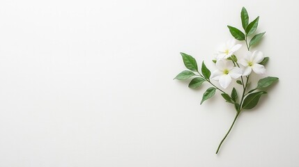 Fototapeta premium Elegant White Jasmine Flowers Green Leaves Minimalist Floral Design Spring Blossom Nat