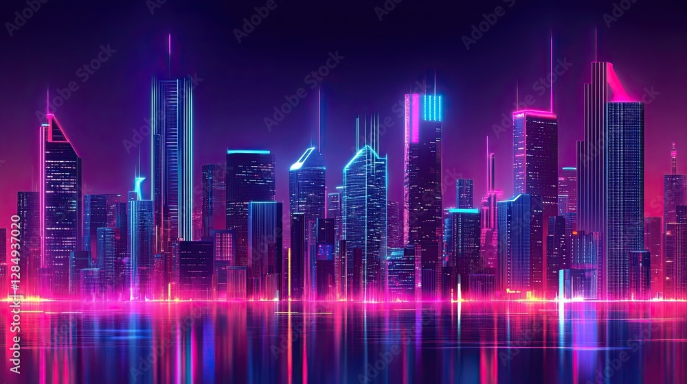 Poster abstract futuristic cityscape with neon lights and digital data streams. -