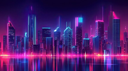 Abstract futuristic cityscape with neon lights and digital data streams. -