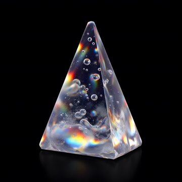 3d abstract crystal glass pyramid. Glossy iridescent geometric shape. bubbles