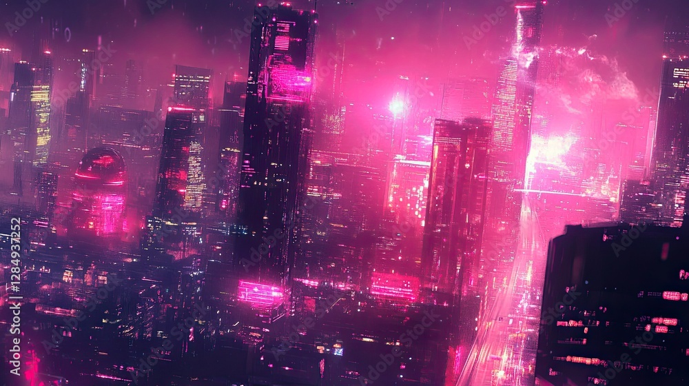 Poster abstract futuristic cityscape with neon lights and digital data streams. -