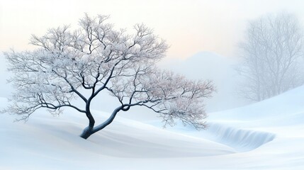 Fototapeta premium Serene Winter Landscape Snow Covered Tree Frosty Branches Snowy Hills