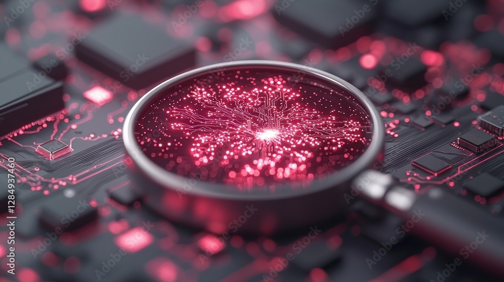 Aufkleber ai data analysis magnifying glass on circuit board deep learning innovation