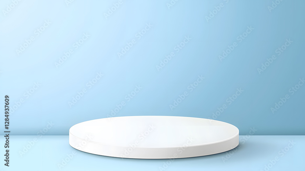 Aufkleber showcase of a minimalist white display platform in a soft blue environment for product presentations