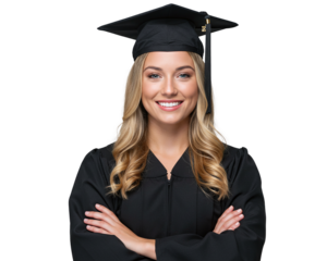 Beautiful smiling female university graduate with crossed arms