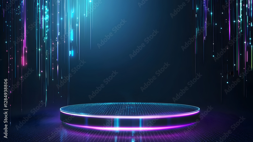 Poster dynamic light show displaying vibrant effects on circular stage virtual studio digital art futuristi