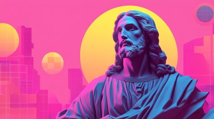 Vaporwave jesus statue against a pink city backdrop