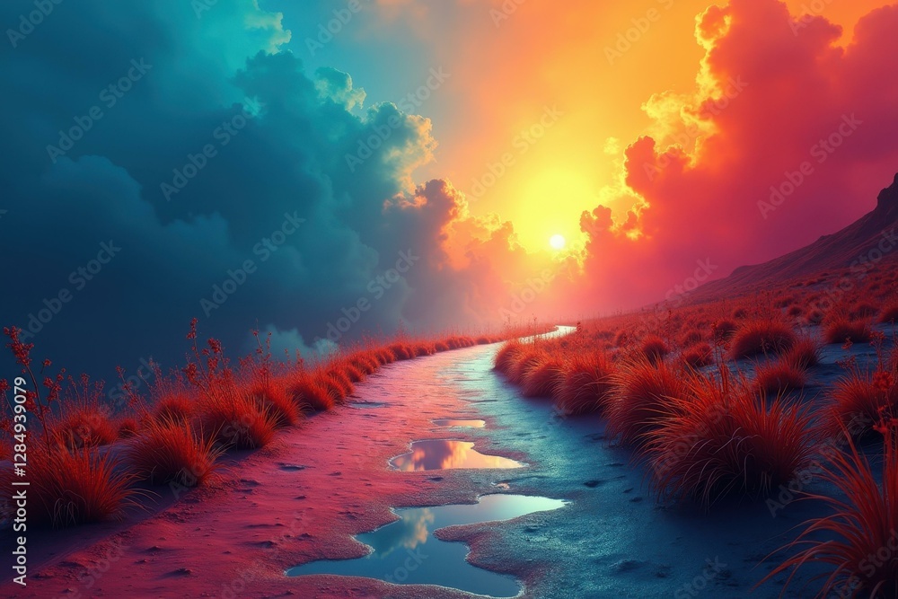 Aufkleber sun is setting over small stream of water in desert