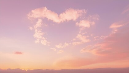 Fototapeta premium 파스텔 톤의 하늘, 구름이 자연스럽게 하트 모양을 이루고 있으며 따뜻한 석양이 이를 부드럽게 물들이고 있다
