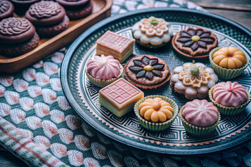 Assorted colorful gourmet chocolates and cookies on a decorative plate.
