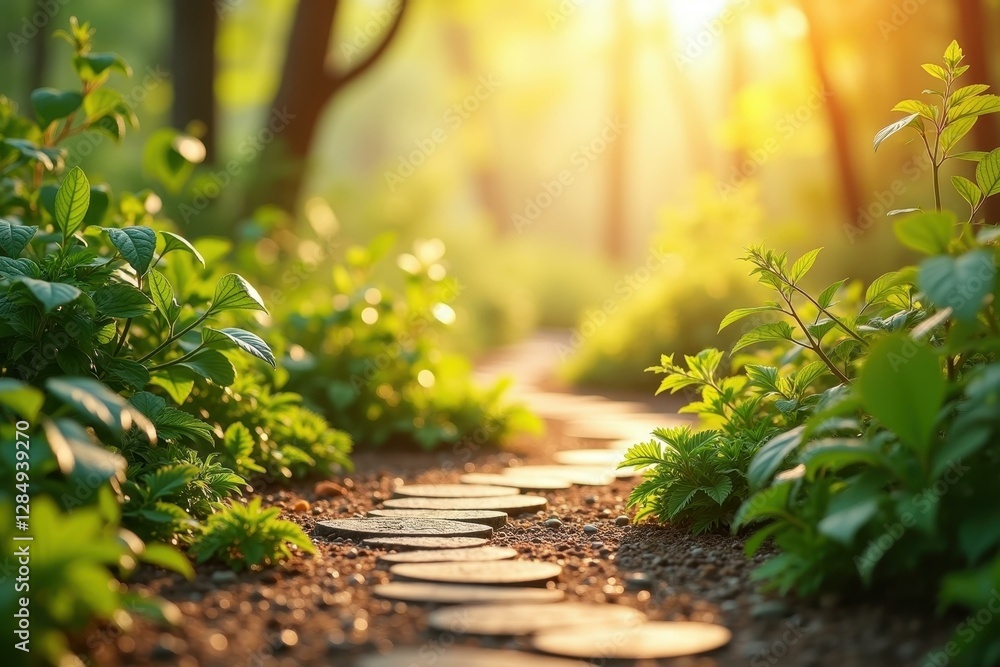 Poster sun shines through trees and leaves on path