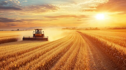 Fototapeta premium Agricultural Harvester Working in Field at Sunset Golden Hour