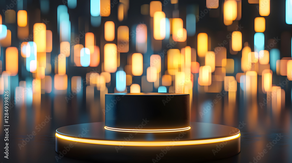 Poster illuminated display stage abstract concept art installation digital environment close-up view modern