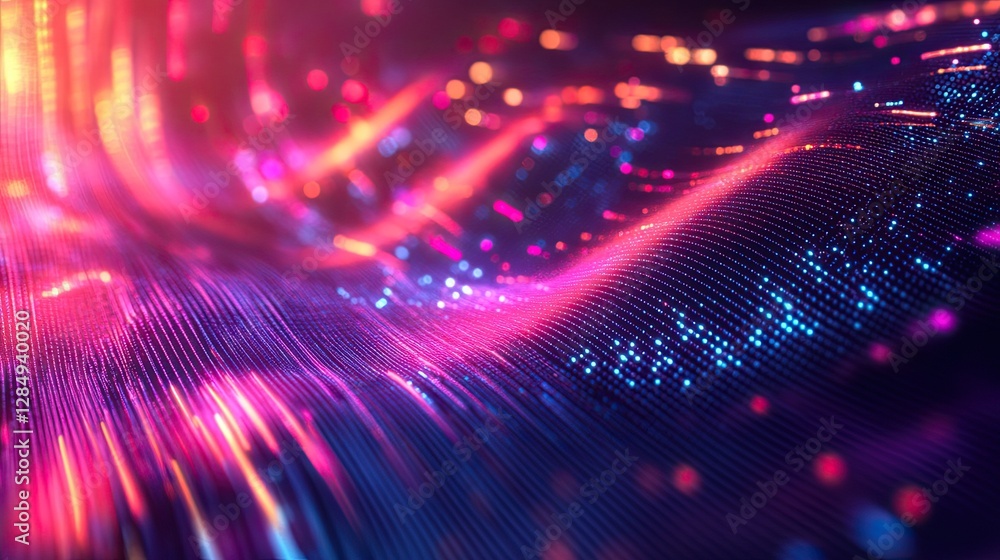 Poster abstract liquid texture with glowing light streaks and digital grid patterns.
