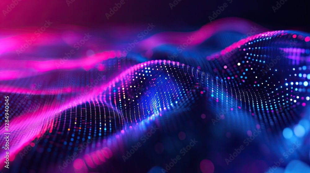 Poster abstract liquid texture with glowing light streaks and digital grid patterns.