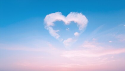 파스텔 톤의 하늘, 구름이 자연스럽게 하트 모양을 이루고 있으며 따뜻한 석양이 이를 부드럽게 물들이고 있다