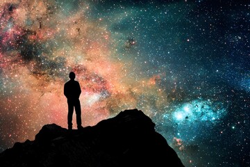 Fototapeta premium Solitary Silhouette on Mountain Peak Against Vibrant Starry Night Sky Cosmic Landscape