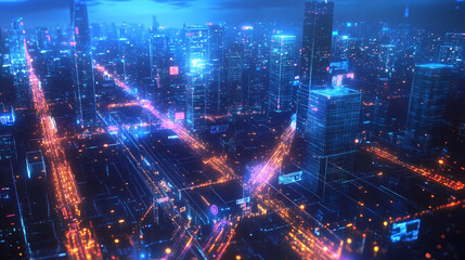 Obraz premium Bird's-eye view of a glowing cityscape connected by digital blockchain pathways. Holographic Street Market. Illustration
