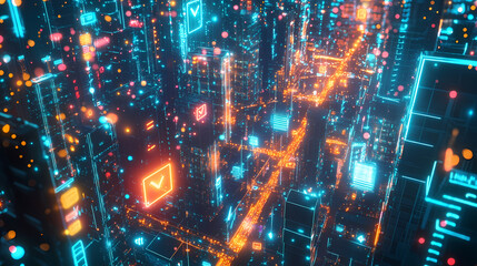 Obraz premium Bird's-eye view of a glowing cityscape connected by digital blockchain pathways. Holographic Street Market. Illustration