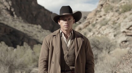 Lone Cowboy Standing in Desert Landscape Under Blue Sky