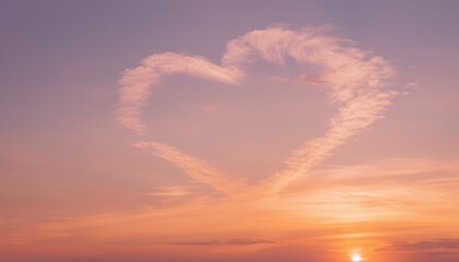 Fototapeta premium 파스텔 톤의 하늘, 구름이 자연스럽게 하트 모양을 이루고 있으며 따뜻한 석양이 이를 부드럽게 물들이고 있다