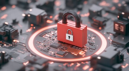 Cyber Security  Digital Padlock on Circuit Board