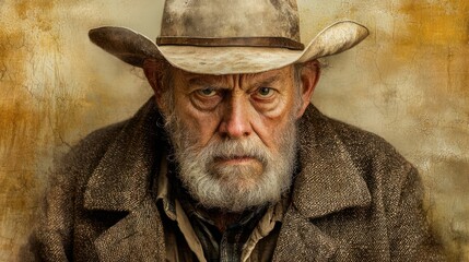 Fototapeta premium Weathered Cowboy with Intense Gaze in Rustic Outdoor Setting