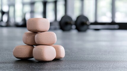 Stacked stones in gym, fitness, exercise equipment in background, healthy lifestyle, home exercise