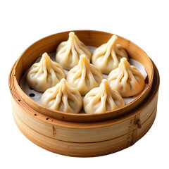 Chinese Dumplings in Bamboo Steamer on Transparent Background