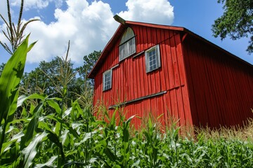 A vivid red barn stands prominently amidst lush green corn stalks, reaching towards a bright blue sky dotted with fluffy white clouds on a warm summer afternoon. Generative AI