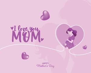 Charming Mother's Day illustration with a heart-shaped frame showing a loving pregnant mother surrounded by flowers. Perfect for greeting cards, posters, and social media posts