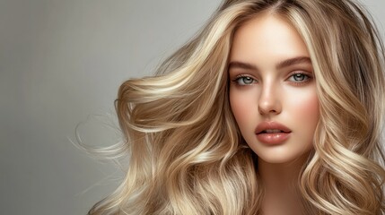 Fototapeta premium Beautiful Woman with Flowing Blonde Hair and Radiant Skin