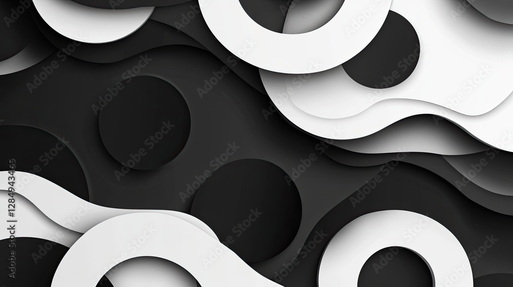 Poster abstract overlapping circles and lines in a monochrome gradient pattern.