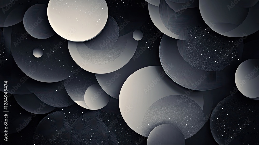 Poster abstract overlapping circles and lines in a monochrome gradient pattern.