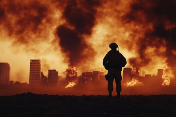 Obraz premium A soldier stands solemnly in silhouette, gazing at a city engulfed in flames and smoke during twilight, depicting the aftermath of conflict and devastation. Generative AI