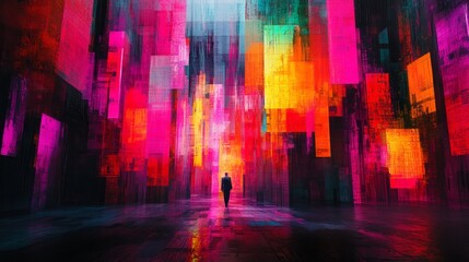 Obraz premium Man walks through abstract colorful city with vibrant lights