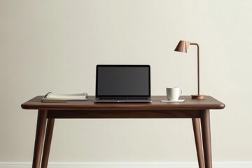 A clean and organized workspace features a laptop, an open notepad, and a coffee cup on a stylish wooden desk. Soft light enhances the calm atmosphere. Generative AI