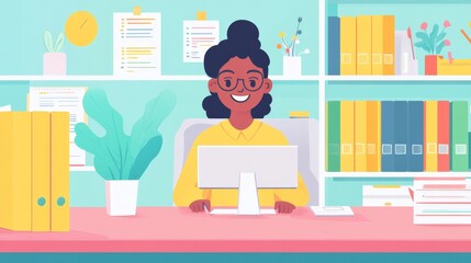 A smiling accountant analyzing data on a computer screen, with colorful binders and charts arranged in the background of a bright and spacious office