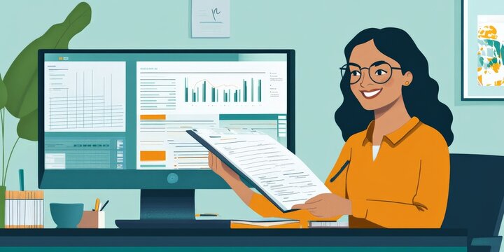 A smiling accountant seated at her desk, holding an open ledger while referencing a chart displayed on her desktop monitor, with the workspace organized to convey precision and trustworthiness