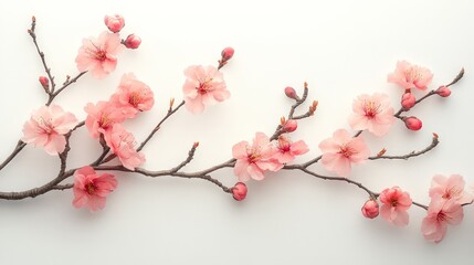 A delicate arrangement of pink cherry blossoms on a white background, symbolizing beauty and spring.