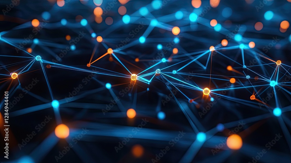 Poster abstract representation of a digital connection network with glowing nodes.