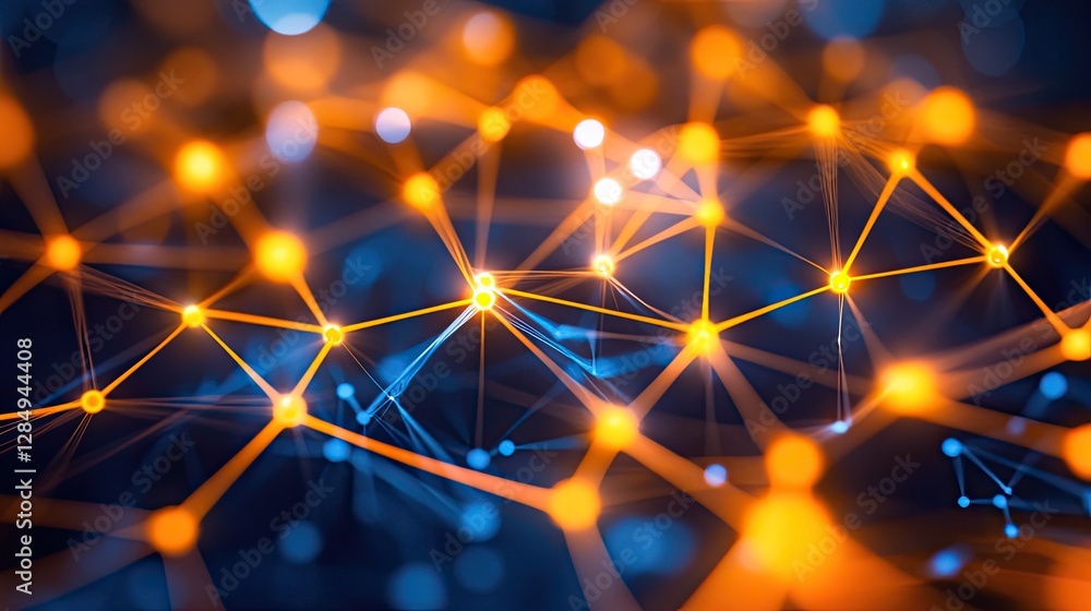 Poster abstract representation of a digital connection network with glowing nodes.