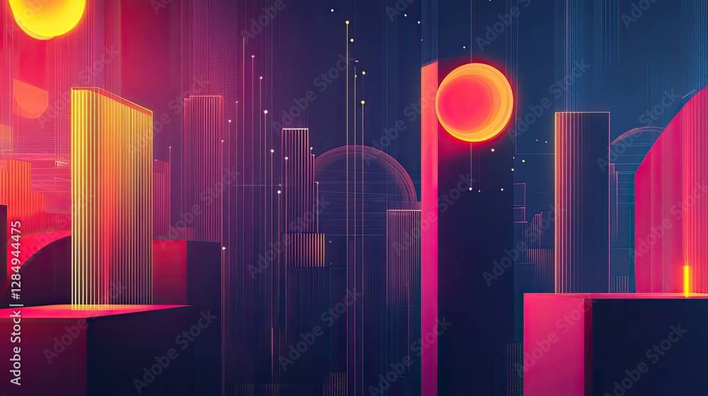 Poster abstract representation of digital growth with geometric shapes and glowing lines.