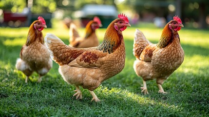 Fototapeta premium Farm scene Chickens strolling in a grassy field at sunset