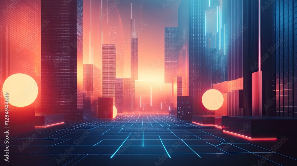 Poster abstract representation of digital growth with geometric shapes and glowing lines.