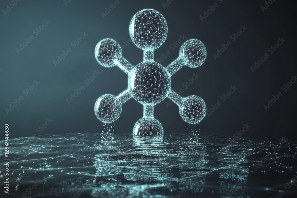 Poster a 3d molecular model rises above a reflective water surface, surrounded by a soft glow, illustrating
